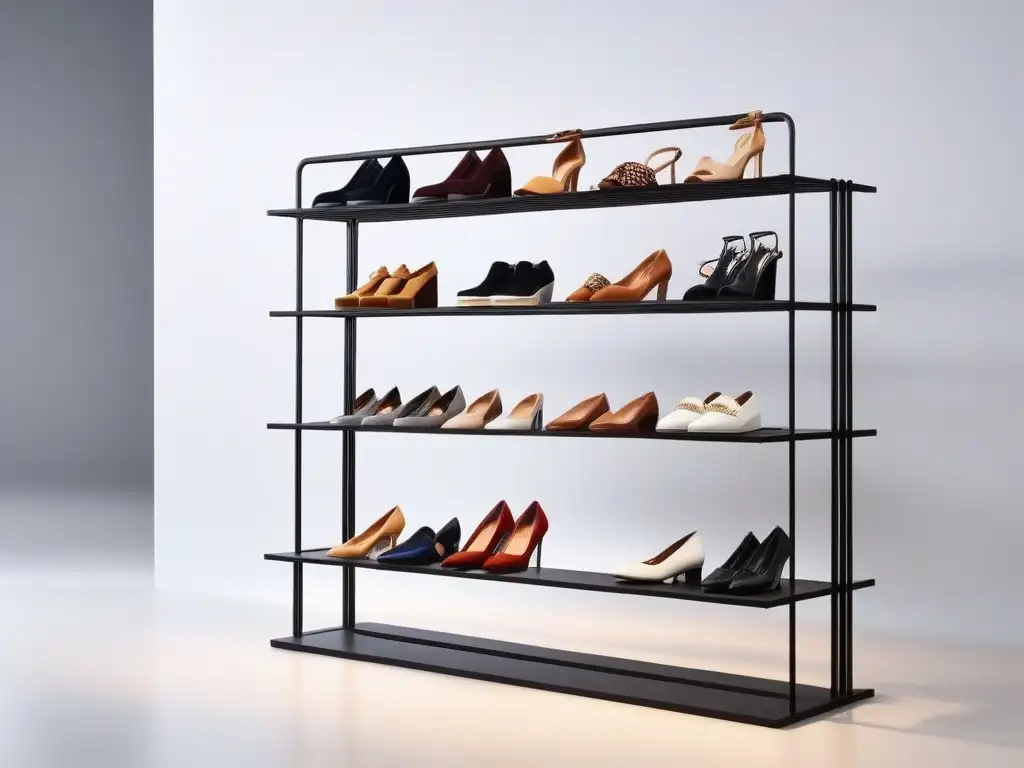 Zapatero moderno con calzado de lujo para mujeres pequeñas Un elegante mueble para zapatos de las mejores marcas calzado mujeres petite, destacando la sofisticación y estilo