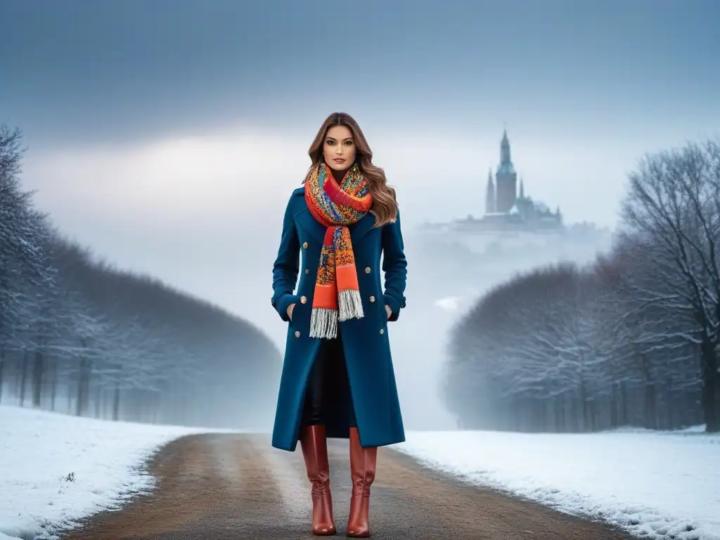 Mujer alta y elegante en paisaje invernal, con abrigo y botas de moda Elegante mujer alta con abrigo oversized y paisaje invernal