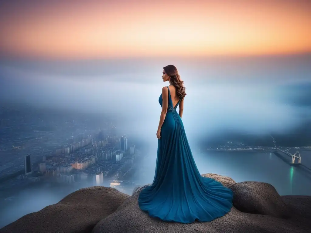 Mujer alta y elegante en la ciudad al atardecer Elegante mujer alta en vestido largo, confiada bajo la ciudad al atardecer