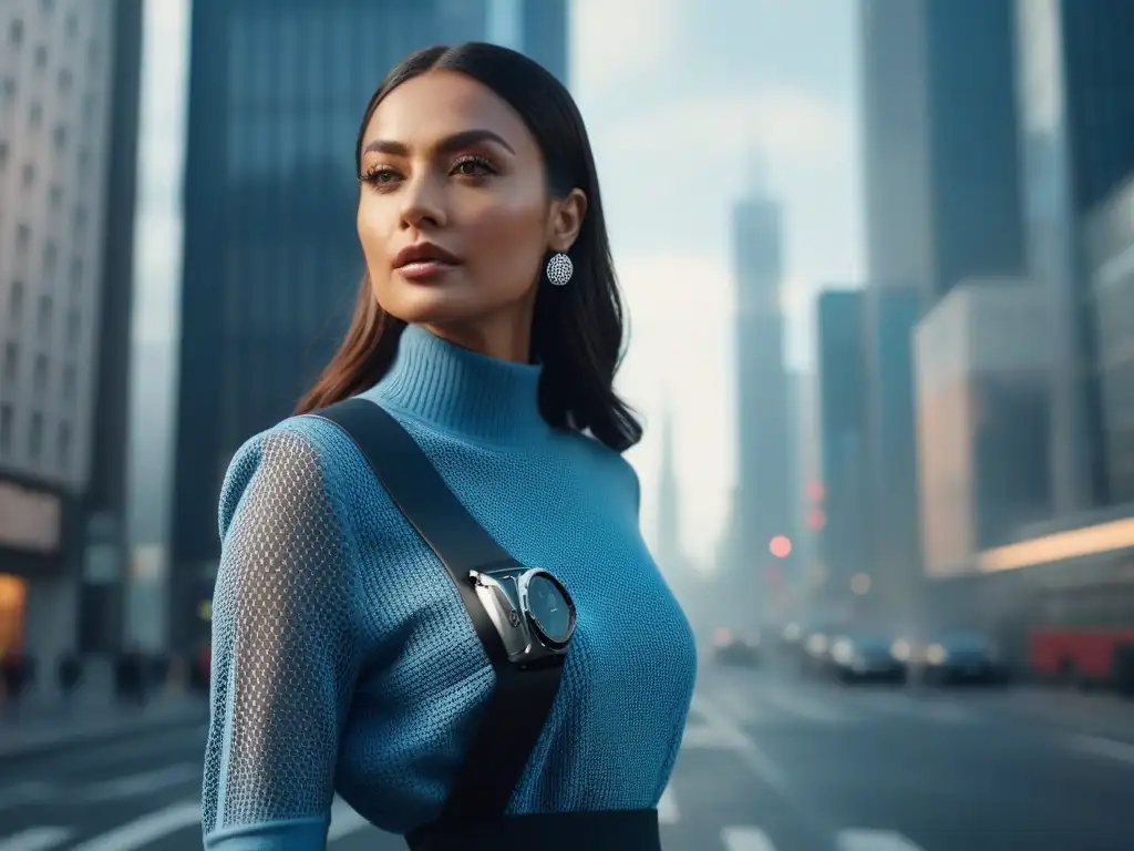 Estilo sostenible con smartwatch: la fusión perfecta en la ciudad Una elegante mujer camina por la bulliciosa calle de la ciudad, luciendo un smartwatch en su atuendo sostenible y chic