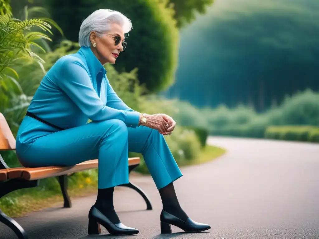 Zapatos de Velcro para mujer mayor: comodidad y estilo en el parque Una elegante mujer de edad con cabello plateado, viste un atuendo chic mientras se pone unos modernos zapatos negros con Velcro en un parque