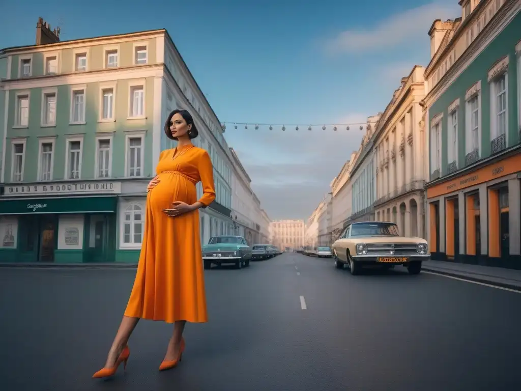 Moda maternal retro: Mujer embarazada estilosa de los 60s y 70s Elegante mujer embarazada en los años 60-70, vistiendo moda materna histórica en la ciudad