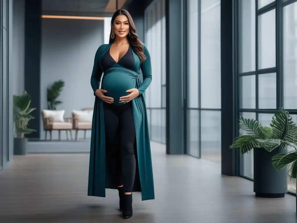Elegante ropa multifuncional para embarazadas y mamás modernas Elegante mujer embarazada luciendo prenda multifuncional para embarazo y lactancia en moderno entorno minimalista