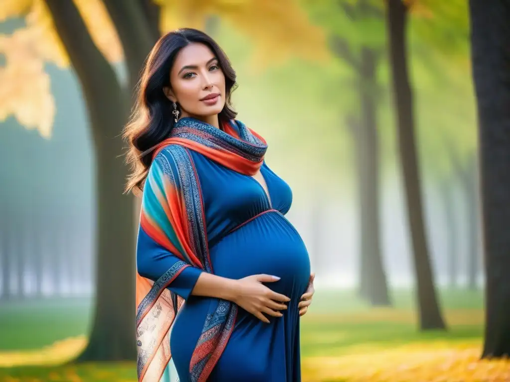 Embarazada con estilo: vestido de maternidad y pañuelo de seda en el parque Elegante mujer embarazada con vestido maternidad y pañuelo colorido en un parque sereno