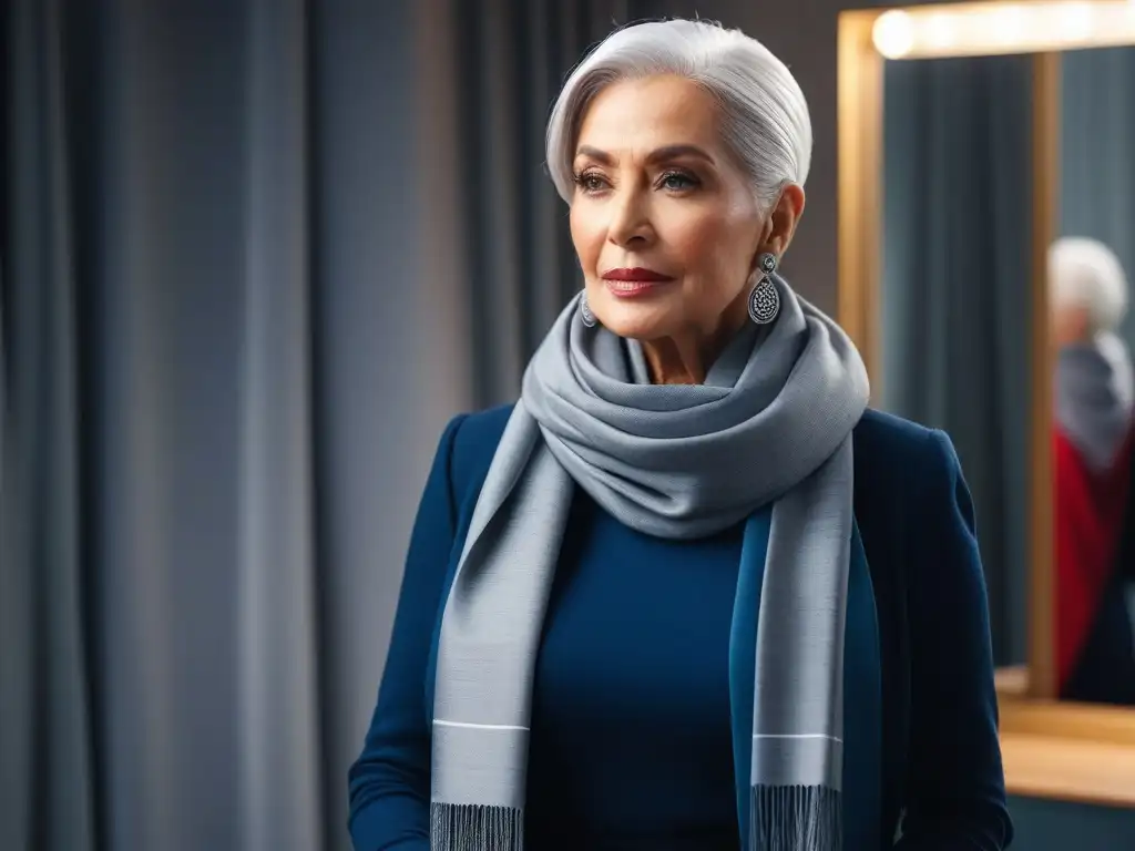Senior elegante ajustando aretes en espejo de vestidor moderno Una elegante mujer mayor con accesorios de moda senior tallas especiales, ajustando aretes frente al espejo en un vestidor moderno y chic