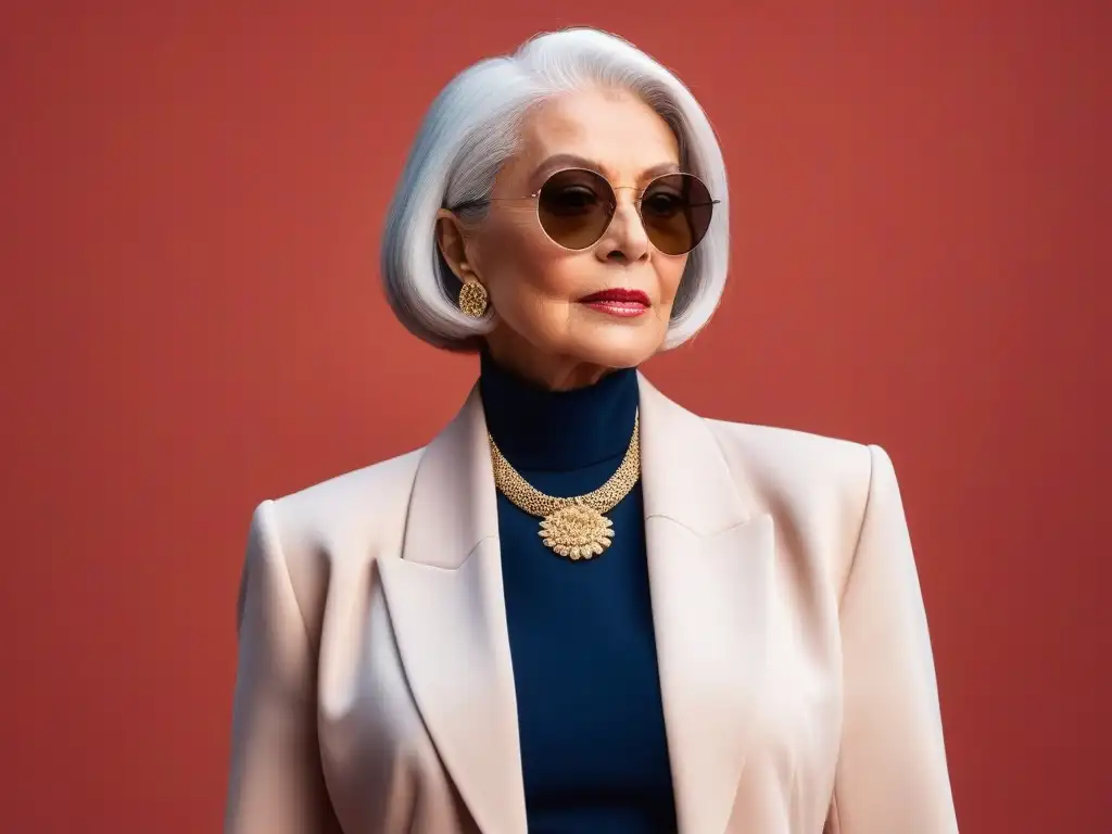Estilo atemporal: mujer senior elegante frente a pared coral vibrante Elegante mujer mayor con atuendo monocromático en azul marino, contrastando con pared coral