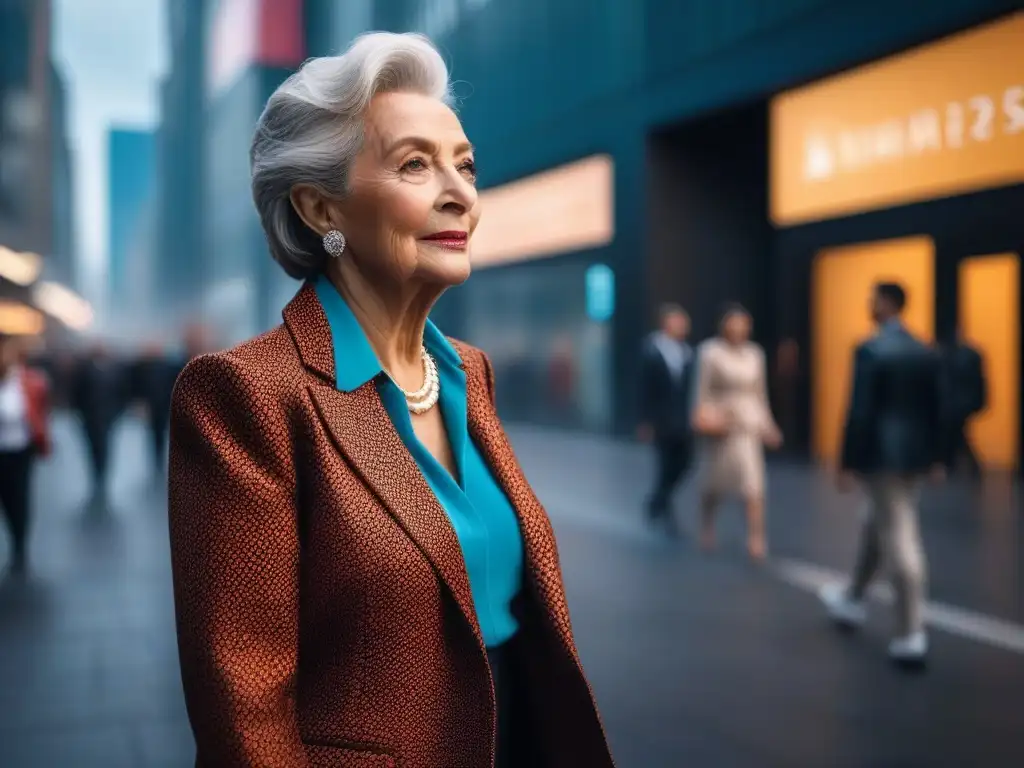 Moda senior vibrante en la ciudad: empoderamiento a través del color Una elegante mujer mayor deslumbrando con su atuendo vibrante en la ciudad
