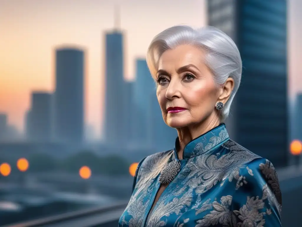 Moda senior: elegancia en la ciudad moderna al atardecer Elegante mujer mayor con blusa de seda en ciudad al atardecer