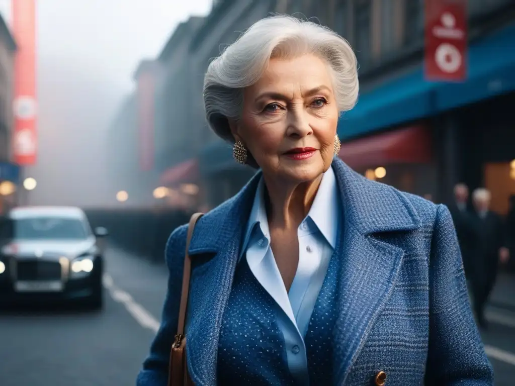 Empoderamiento senior: moda diversa en la ciudad Una elegante mujer mayor desfila por la bulliciosa calle de la ciudad, vistiendo un conjunto sofisticado y diverso de tejidos lujosos