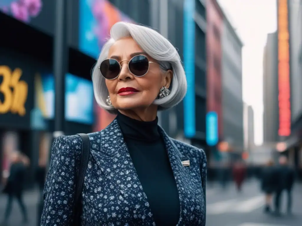 Estilo senior y juvenil fusionados en la ciudad Una elegante mujer mayor con un cabello plateado y un traje floral, camina con confianza por la ciudad, fusionando moda juvenil y estilo senior