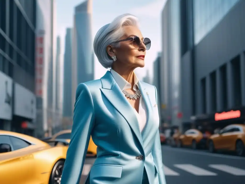Elegante mujer mayor pasea con estilo en la ciudad al atardecer Una elegante mujer mayor con cabello plateado, vistiendo un traje chic en tono pastel, camina con confianza por una concurrida calle de la ciudad