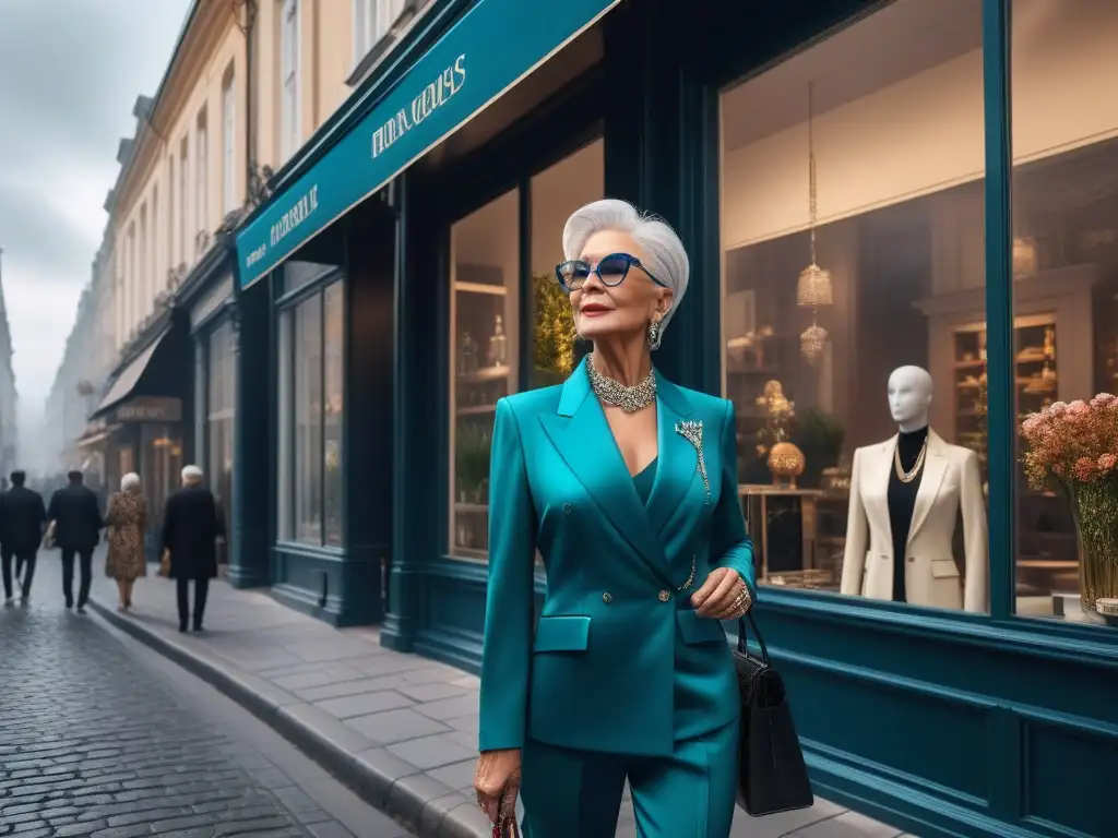 Estilo senior en la ciudad: elegancia y diversidad en la moda Una elegante mujer mayor con cabello plateado pasea segura por la ciudad, rodeada de las mejores tiendas moda senior diversa