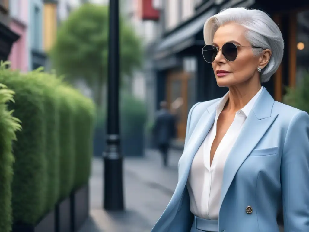 Estilo senior contemporáneo en la ciudad Una elegante mujer mayor con cabello plateado y traje a medida en tono pastel, pasea con confianza por una bulliciosa calle de la ciudad