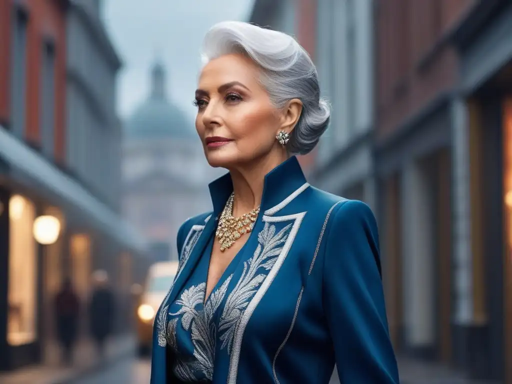 Moda senior: elegancia y funcionalidad en la ciudad Una elegante mujer mayor con cabello plateado pasea con estilo por una concurrida calle de la ciudad