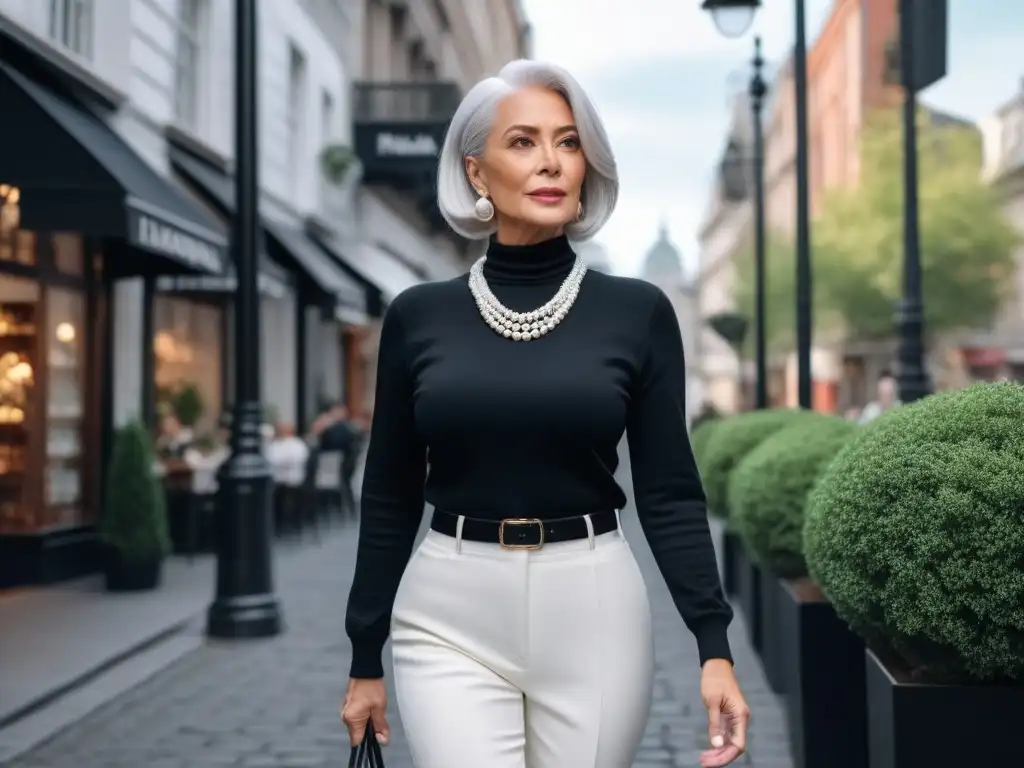 Elegante mujer mayor con estilo urbano y sofisticado Una elegante mujer mayor con cabello plateado, viste un atemporal suéter negro de cuello alto y pantalones blancos