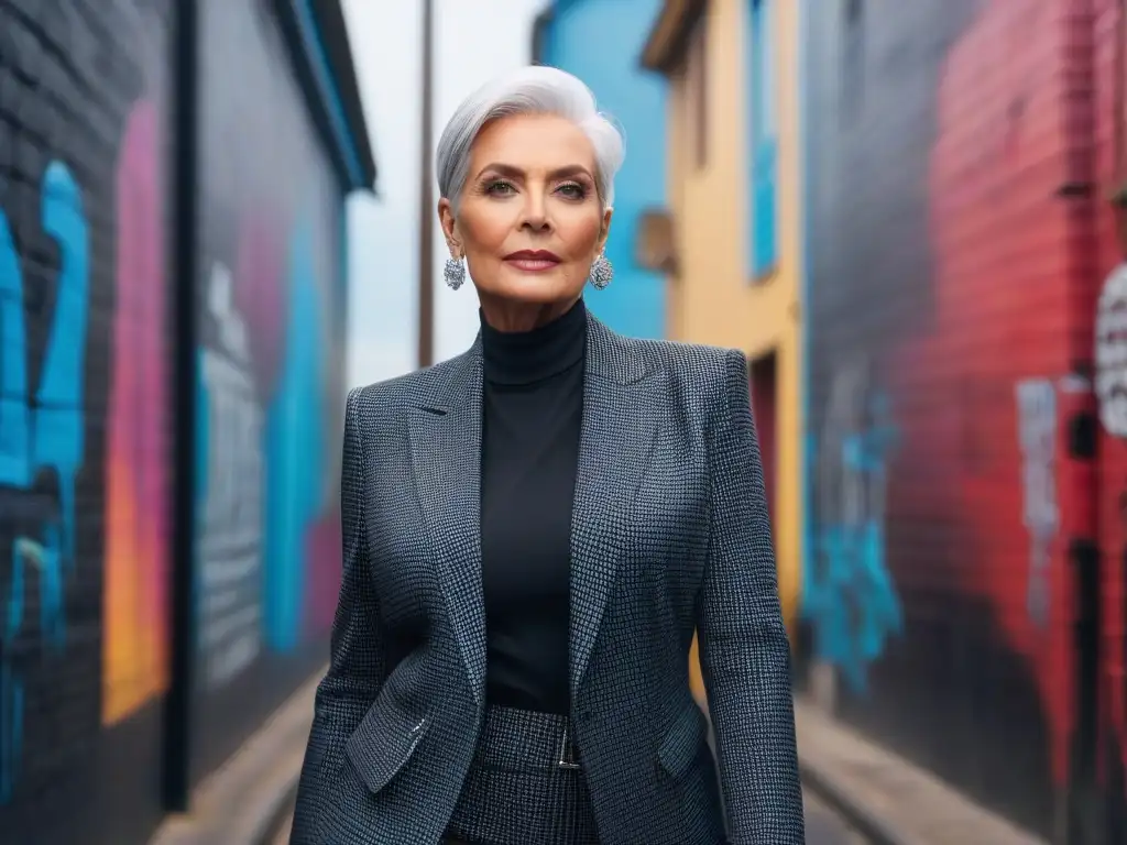 Elegancia urbana: mujer mayor con estilo vanguardista Una elegante mujer mayor con cabello plateado y traje a medida posa frente a una pared graffiteada en un entorno urbano vibrante