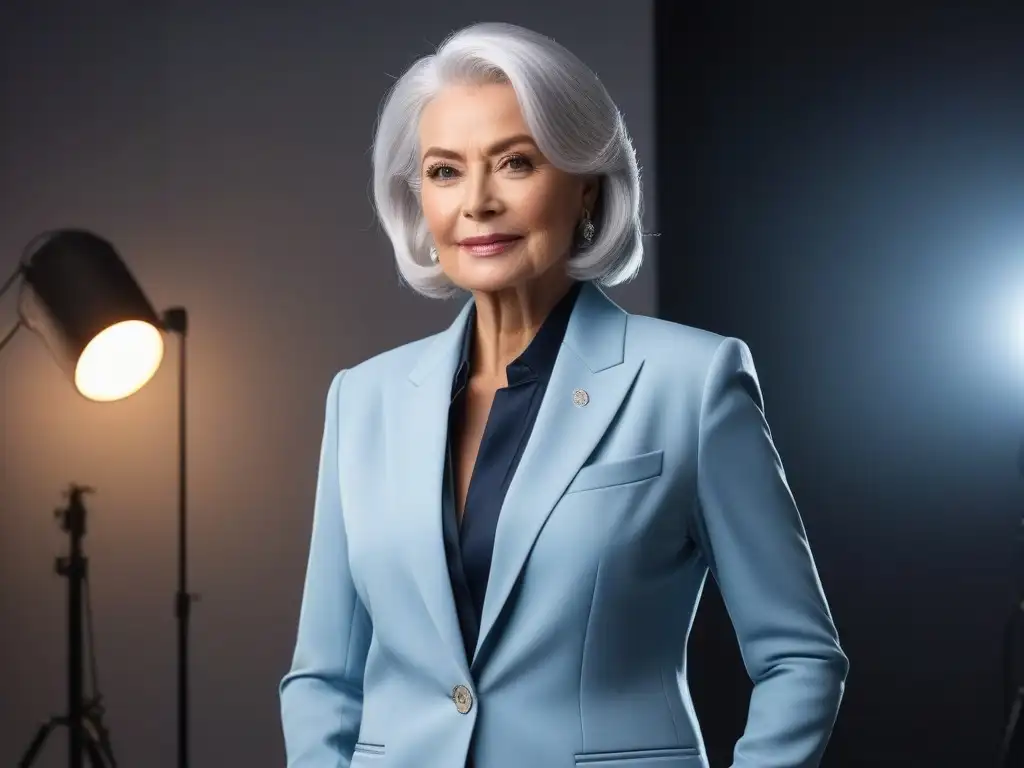 Elegante mujer mayor en estudio fotográfico Una elegante mujer mayor con cabello plateado, viste un blazer y pantalones anchos