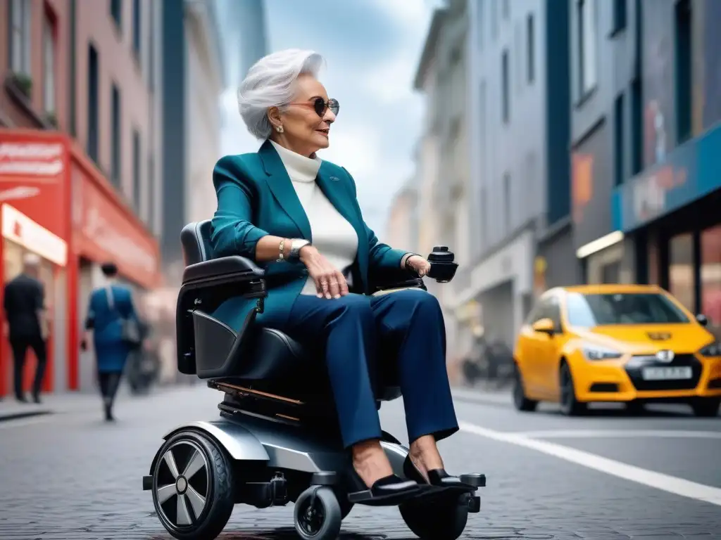 Empoderamiento urbano: mujer mayor chic y moderna en silla eléctrica Una elegante mujer mayor con cabello plateado pasea con estilo en silla de ruedas eléctrica por una bulliciosa calle de la ciudad