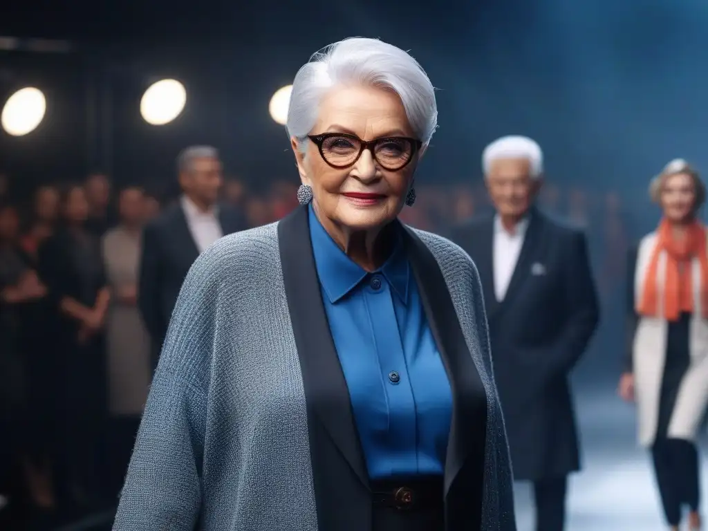 Desfile de moda: mujer mayor deslumbra con estilo y confianza Una elegante mujer mayor con cabello plateado desfila con confianza en una pasarela con un atuendo de moda para tallas especiales de seniors