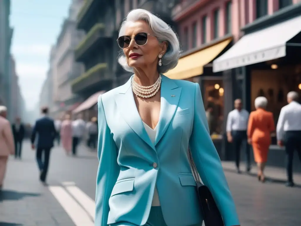 Mujer elegante paseando por la ciudad con estilo atemporal Una elegante mujer mayor con cabello plateado, viste un traje de pantalón a medida en tono pastel y joyas de perlas, caminando con confianza por una concurrida calle de la ciudad