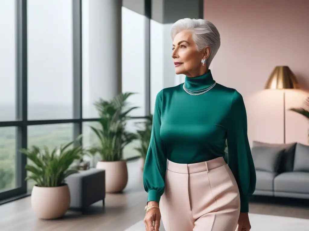 Estilo atemporal: mujer senior elegante en moderno salón minimalista Una elegante mujer mayor con cabello plateado, luciendo un conjunto monocromático en tonos rosa suave en un salón moderno
