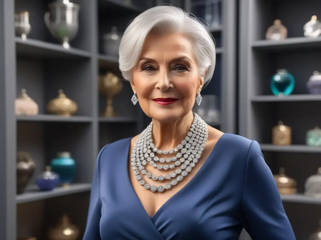 Collar de lujo para mujeres mayores: elegancia y glamour en la moda senior Una elegante mujer mayor con cabello plateado y un collar de declaración en una boutique de accesorios, inspirando moda senior tallas especiales