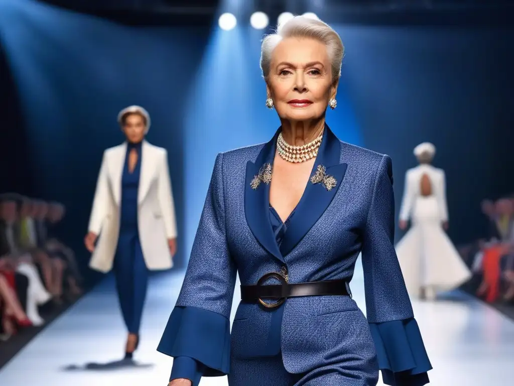 Desfile de moda: mujer senior elegante y vanguardista Una elegante mujer mayor desfila con confianza en una pasarela, vistiendo un atuendo vanguardista que fusiona tradición y modernidad