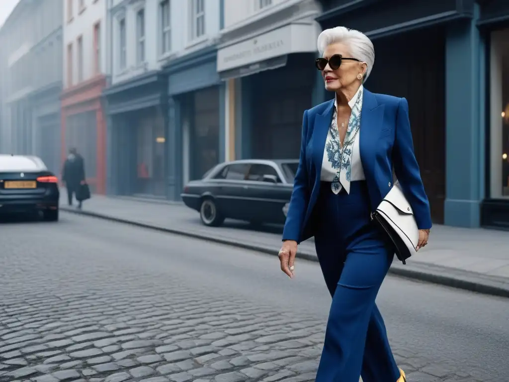 Estilo Senior: Evolución de la Elegancia Urbana Una elegante mujer mayor pasea con confianza por la ciudad, fusionando elementos clásicos y modernos en su atuendo