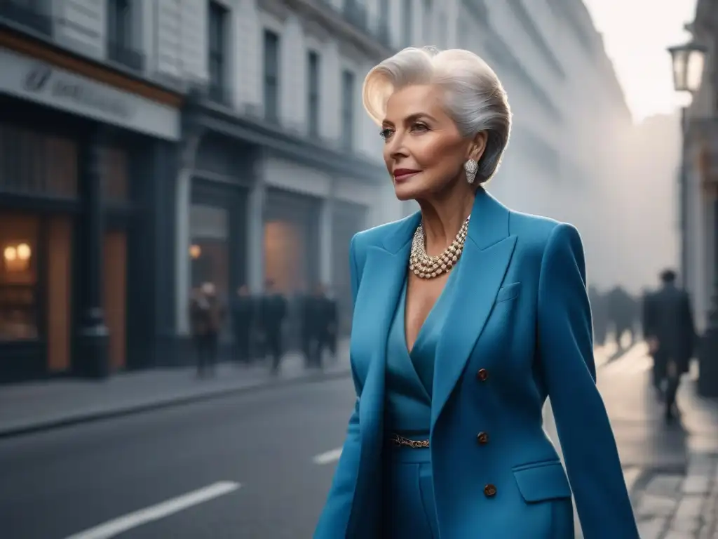 Estilo urbano: mujer mayor elegante y moderna en la ciudad Una elegante mujer mayor camina con confianza por la ciudad, fusionando elegancia clásica y tendencias contemporáneas