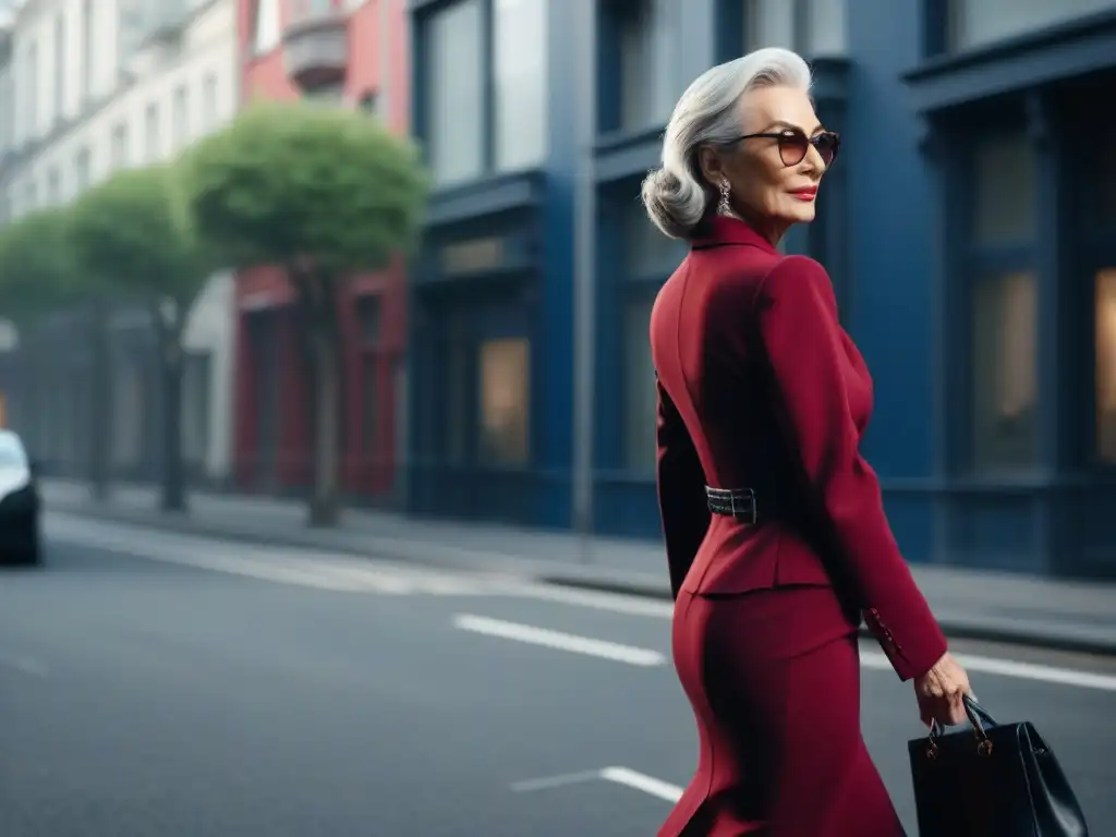 Elegante mujer mayor pasea con estilo por la ciudad Una elegante mujer mayor camina con confianza por la ciudad, destacando la importancia del color en moda senior