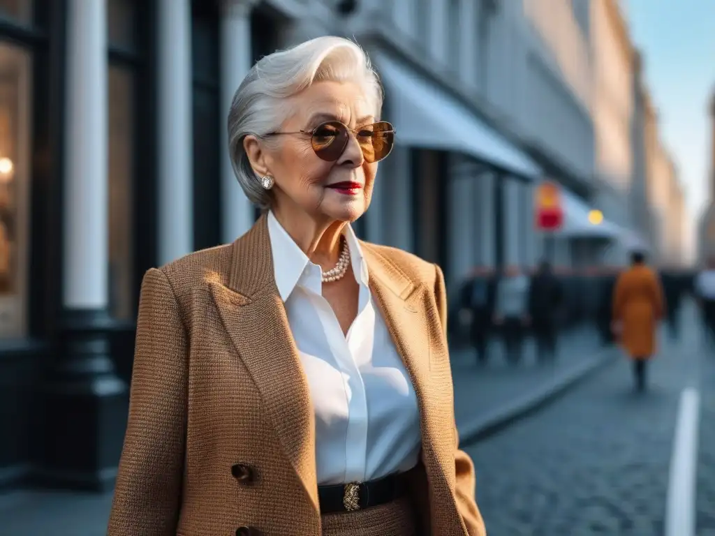 Estilo senior urbano: empoderamiento y elegancia atemporal Una elegante mujer mayor desfilando con confianza por la ciudad, reflejando la moda senior tendencias actuales