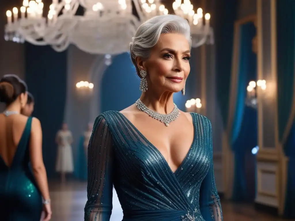 Esplendor senior: moda elegante en gala Una elegante mujer mayor en un deslumbrante vestido de lentejuelas posa con gracia en un evento glamoroso