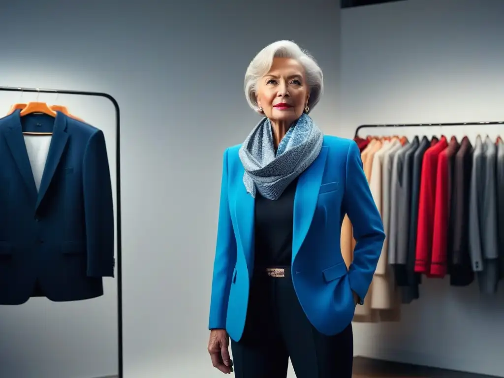 Elegancia atemporal: mujer mayor en espejo con vestuario minimalista de calidad Una elegante mujer mayor con estilo en un vestidor moderno, luciendo outfits para seniors con estilo