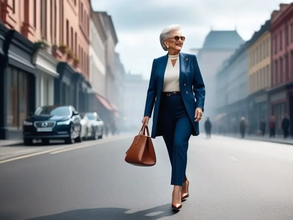 Zapatos de moda para mujer mayor: elegancia y comodidad en la ciudad Una elegante mujer mayor muestra estilo y comodidad al caminar por la ciudad