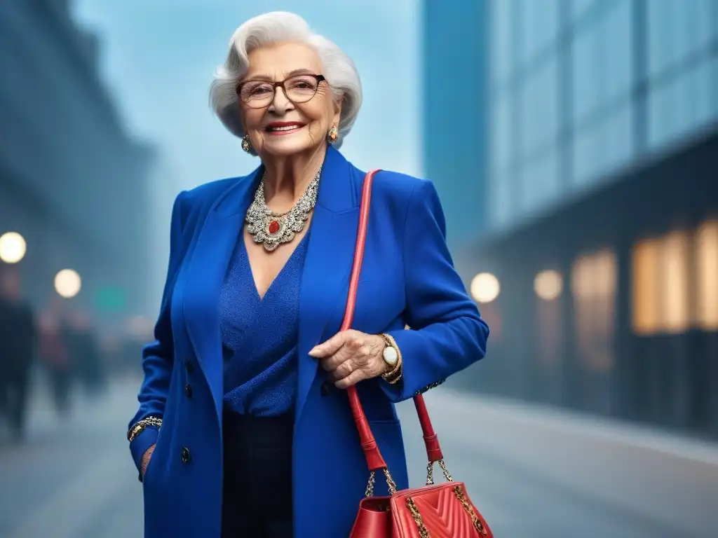 Estilo sin límites: Mujer mayor con movilidad reducida posa con confianza en la ciudad Una elegante mujer mayor con movilidad reducida posa con estilo en un atuendo moderno y accesorios chic, en un entorno urbano sofisticado