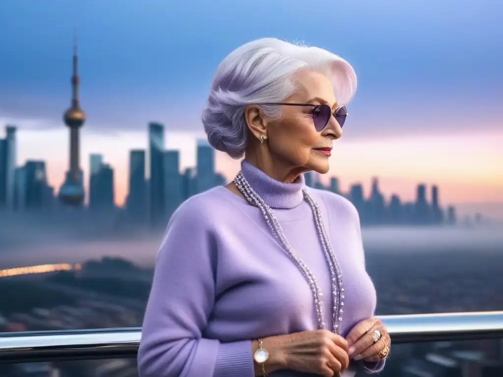 Elegante mujer mayor con estilo atemporal en la ciudad al atardecer Elegante mujer mayor con outfit monocromático en tonos lavanda, joyas plateadas y gafas de moda, frente a la ciudad al atardecer