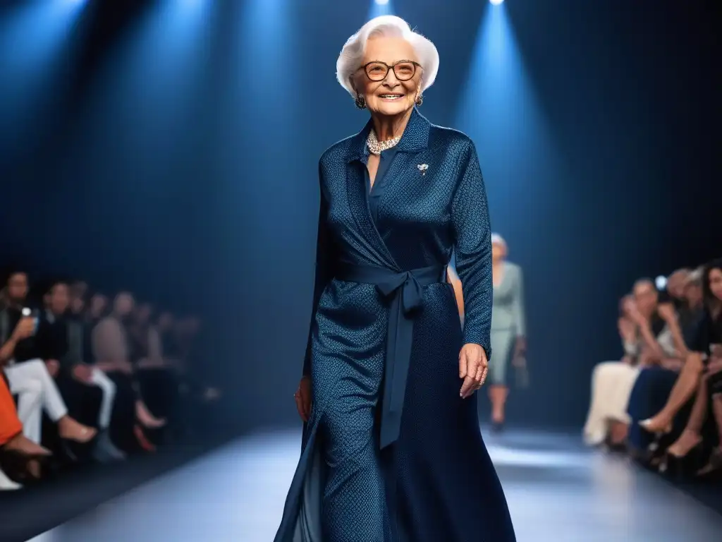 Desfile de moda inclusiva para mayores: elegancia y empoderamiento Una elegante mujer mayor desfila en la pasarela con un conjunto adaptativo, irradiando confianza y estilo