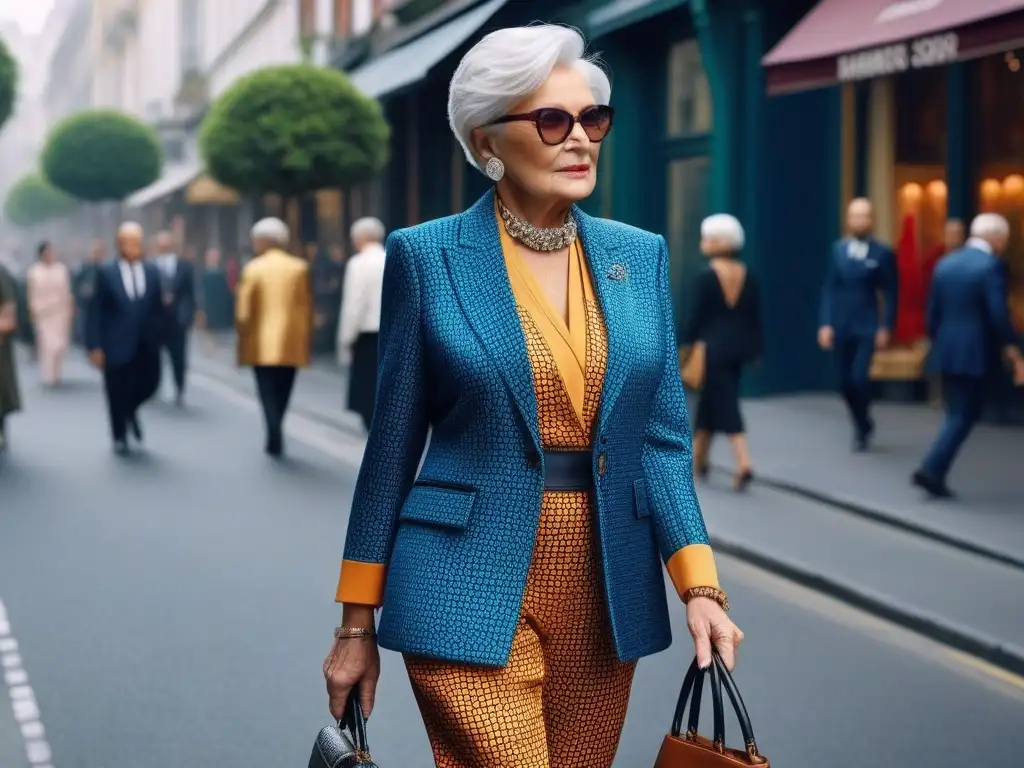 Fashionista mayor deslumbra en la ciudad con estilo vanguardista Una elegante mujer mayor pasea con un traje moderno y llamativo por la ciudad, atrayendo miradas admirativas