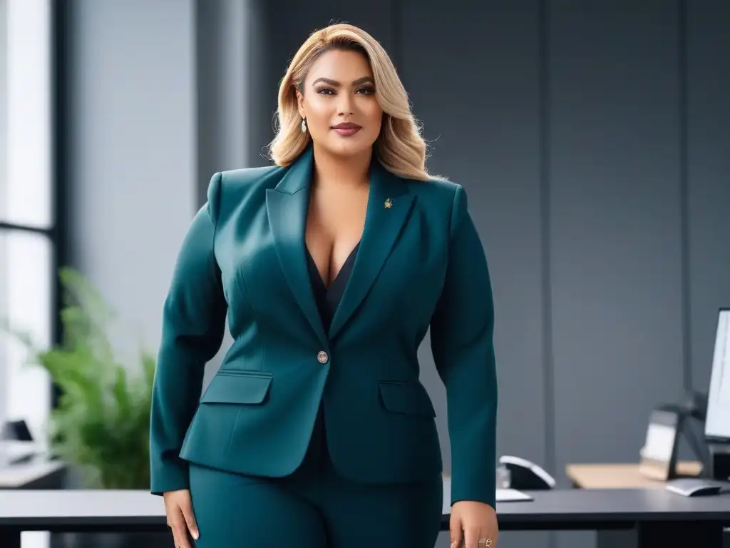 Empoderamiento y estilo: mujer profesional plus size en oficina moderna Elegante mujer plus size en oficina moderna, irradia confianza con looks de oficina tallas plus size