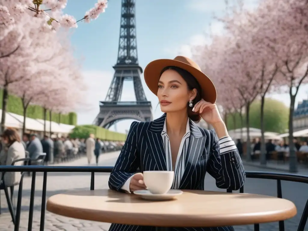 Encanto parisino: mujer elegante en café con Eiffel Tower al fondo Una elegante mujer parisina disfruta de un café frente a la Torre Eiffel