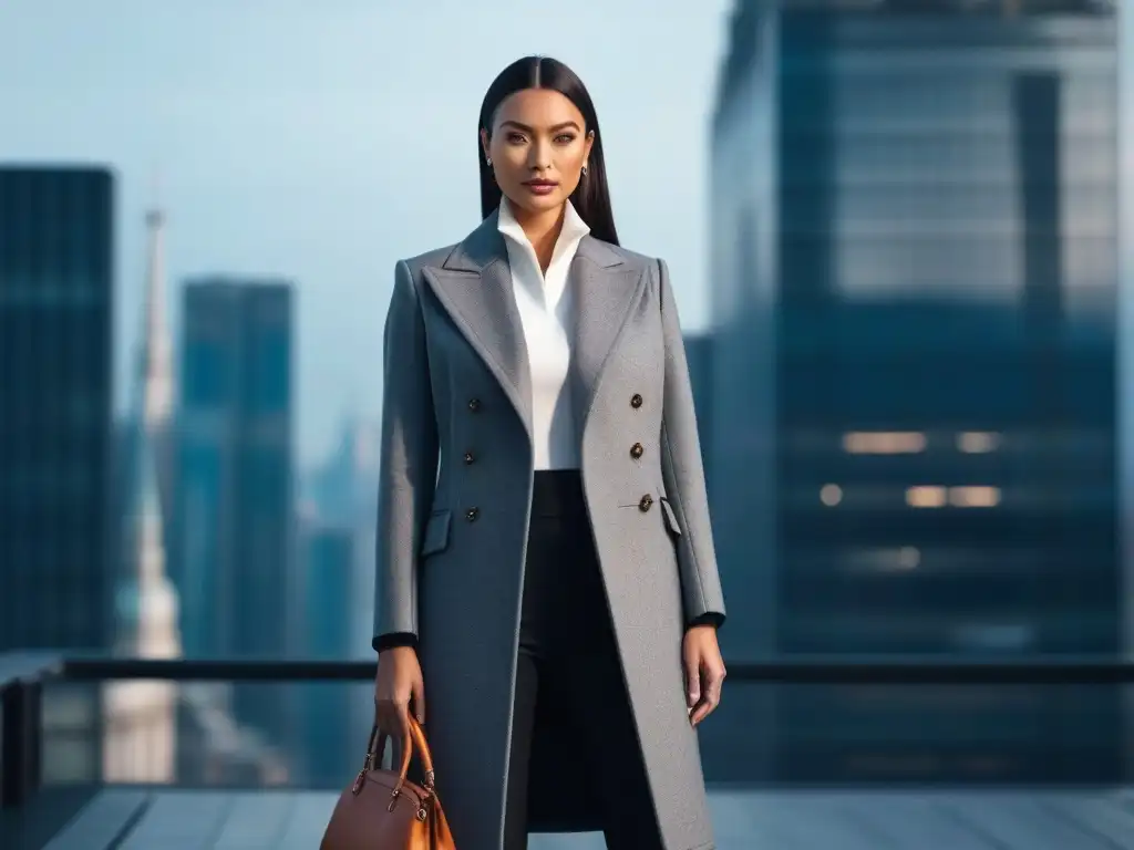 Elegancia urbana: mujer sofisticada en abrigo moderno Elegante mujer petite con abrigo moderno en la ciudad, irradiando estilo y confianza