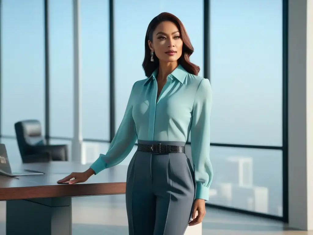 Elegancia petite en oficina moderna: blusa pastel y pantalones ajustados Elegante mujer petite con blusa y pantalón a medida en un moderno ambiente de oficina