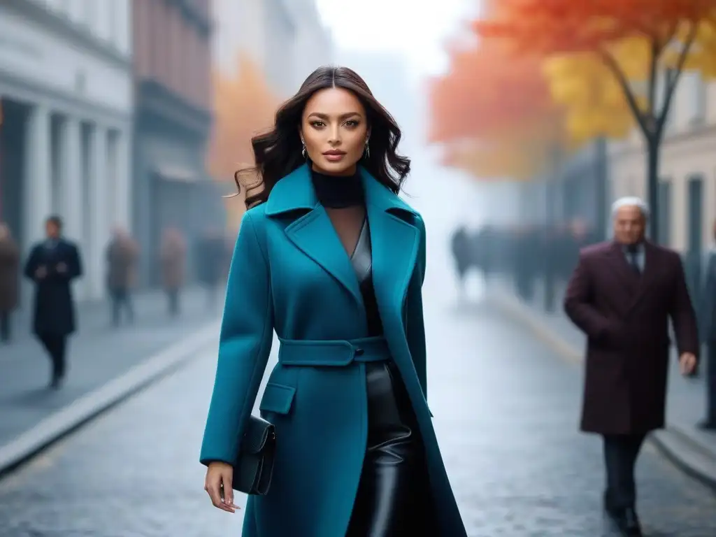 Elegante mujer en abrigo urbano, resaltando figura petite Elegante mujer petite caminando por la ciudad con abrigo, hojas de otoño y estilo chic