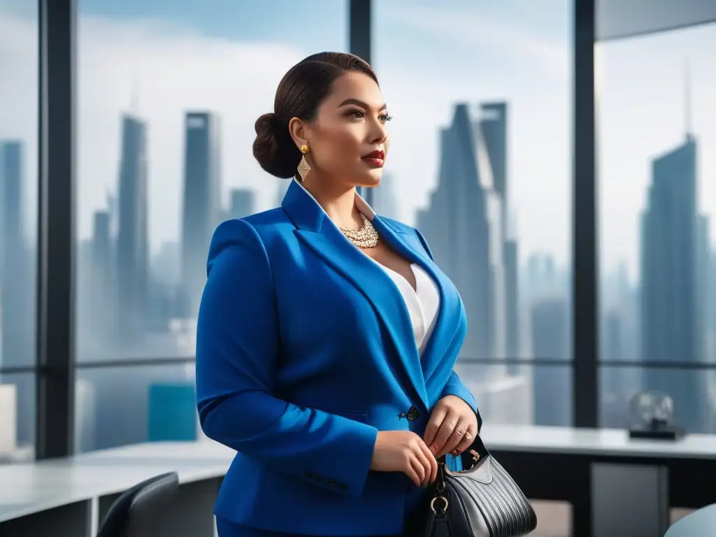 Mujer profesional de talla grande en outfit elegante en oficina moderna Elegante mujer profesional de tallas plus size en atuendo de oficina moderno, proyectando confianza y profesionalismo