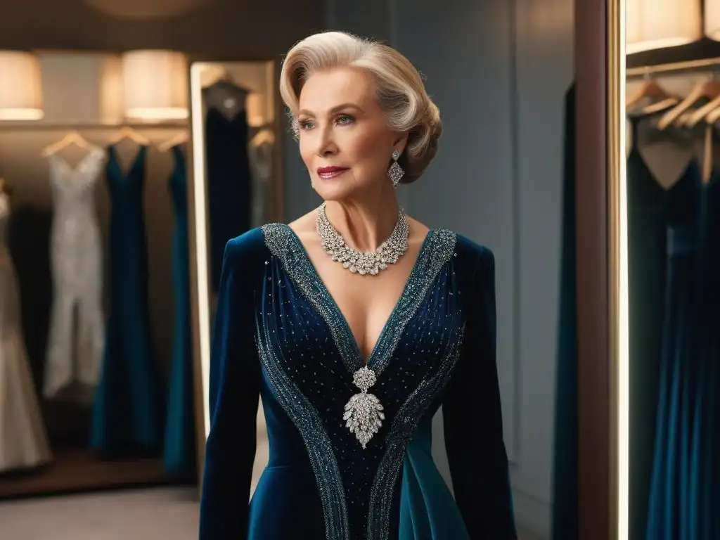Estilo y elegancia: mujer mayor en vestido de noche en espejo Elegante mujer senior ajustando collar en lujoso vestuario para ocasiones especiales