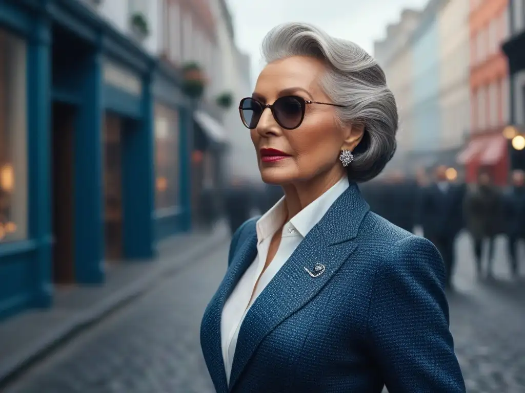 Elegancia senior: mujer segura caminando por la ciudad Una elegante mujer senior camina confiada por la ciudad, luciendo un atuendo chic y cómodo
