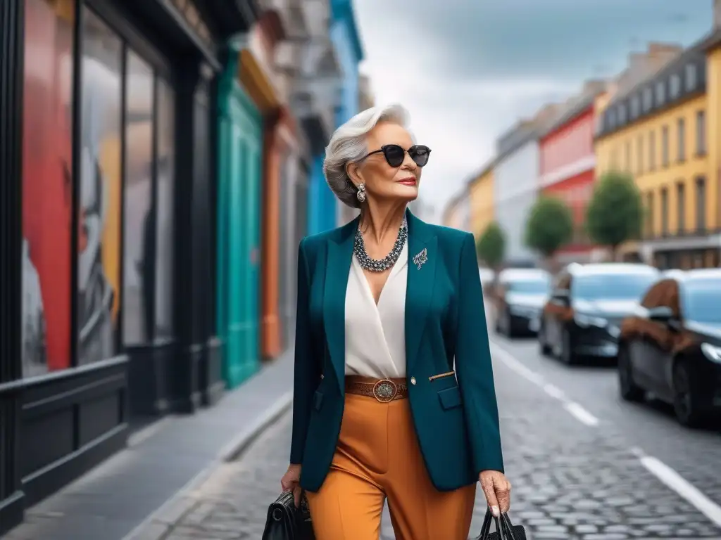 Elegante moda urbana para mujeres mayores: estilo sofisticado y vibrante Una elegante mujer senior camina con confianza por la ciudad, luciendo un atuendo cómodo y chic