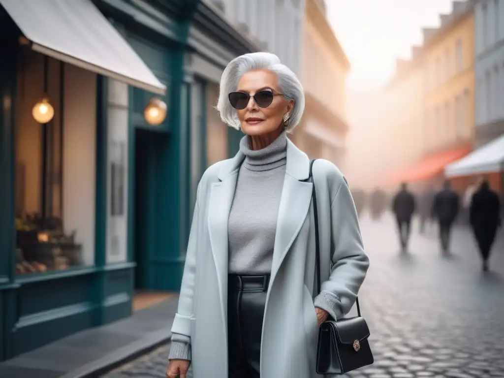 Estilo senior sofisticado en la ciudad: moda cómoda y elegante Elegante mujer senior con estilo moda cómodo paseando por la ciudad