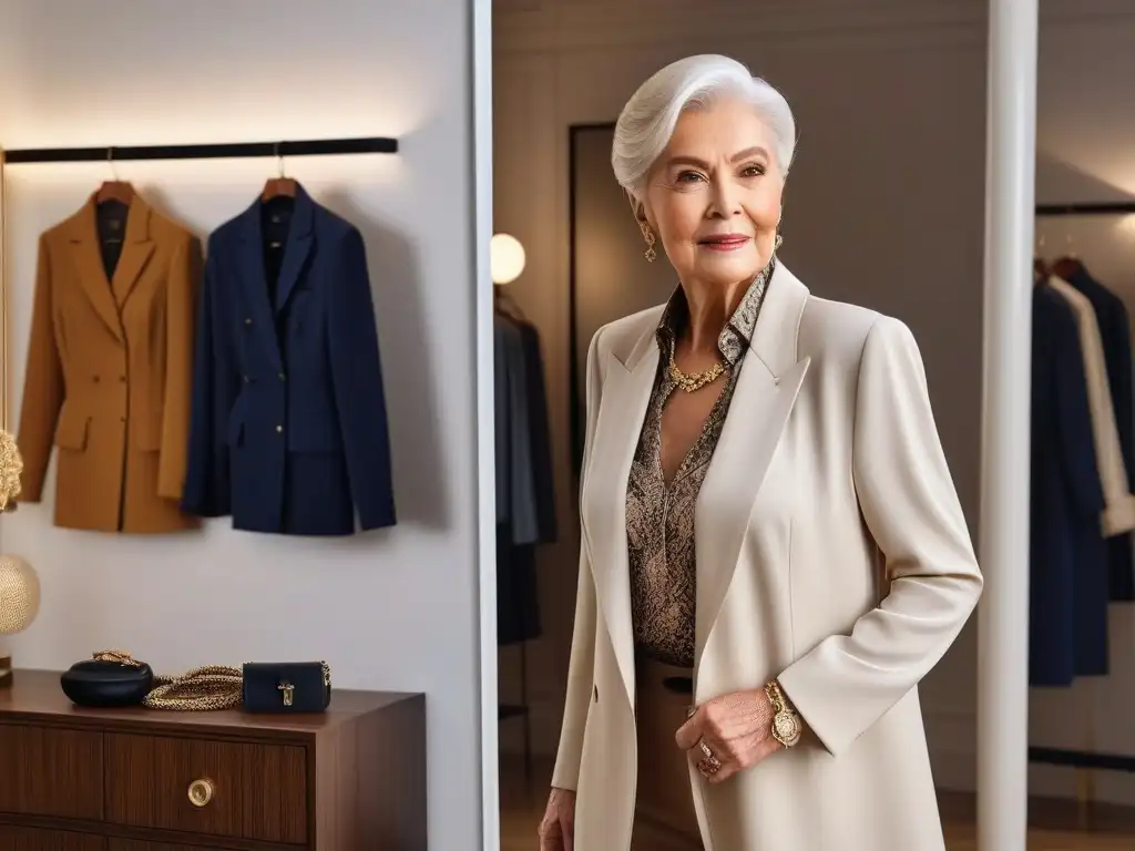 Elegancia atemporal: mujer mayor con estilo en espejo Una elegante mujer senior con estilo, frente al espejo, mostrando un armario cápsula en tonos neutros