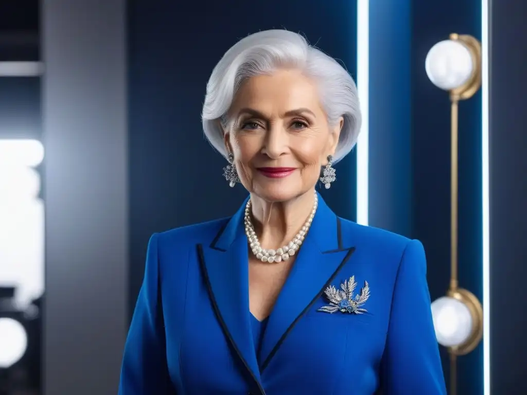 Empoderamiento senior: Elegancia en azul real Elegante mujer senior con traje azul real ajustando su atuendo frente al espejo